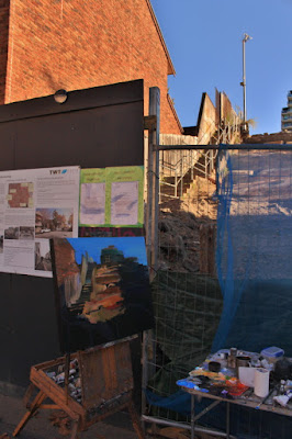 Plein air oil painting of the excavation between Harris and Mount street Pyrmont for the 'New Life' development  painted by industrial heritage artist Jane Bennett