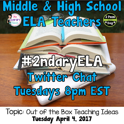 Join secondary English Language Arts teachers Tuesday evenings at 8 pm EST on Twitter. This week's chat will be about out of the box teaching ideas.
