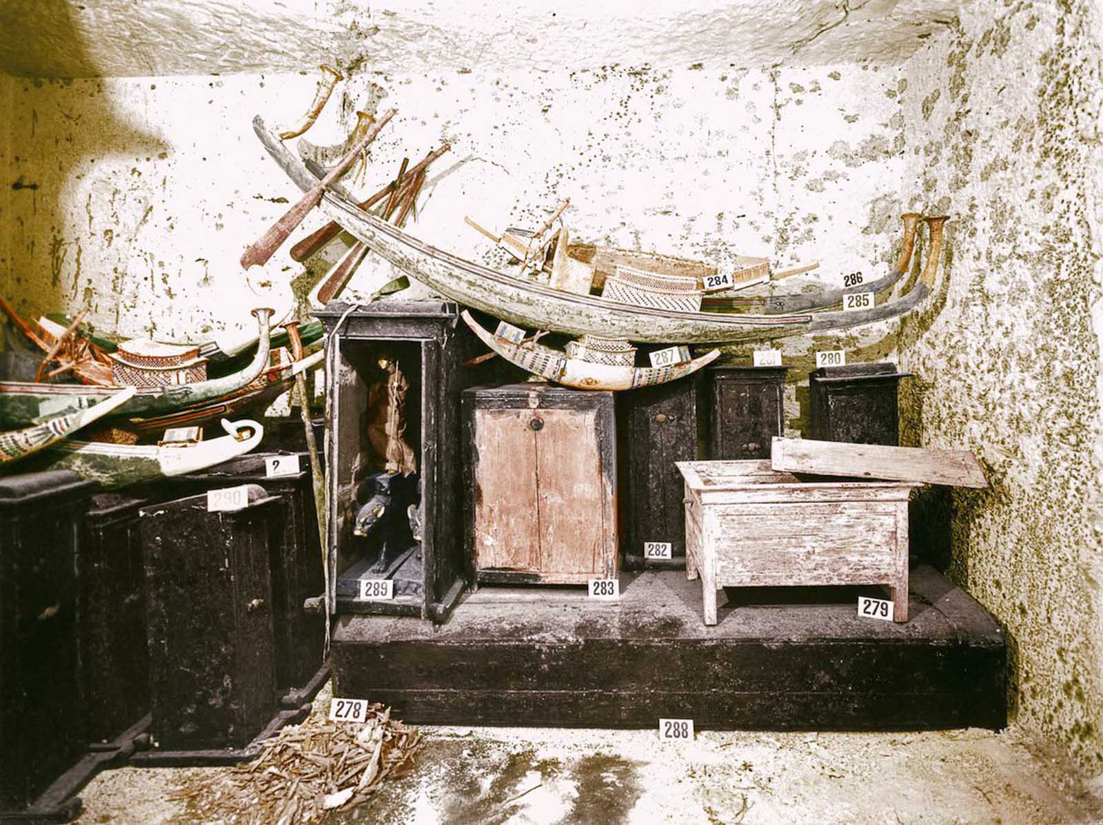 An assortment of model boats in the treasury of the tomb.