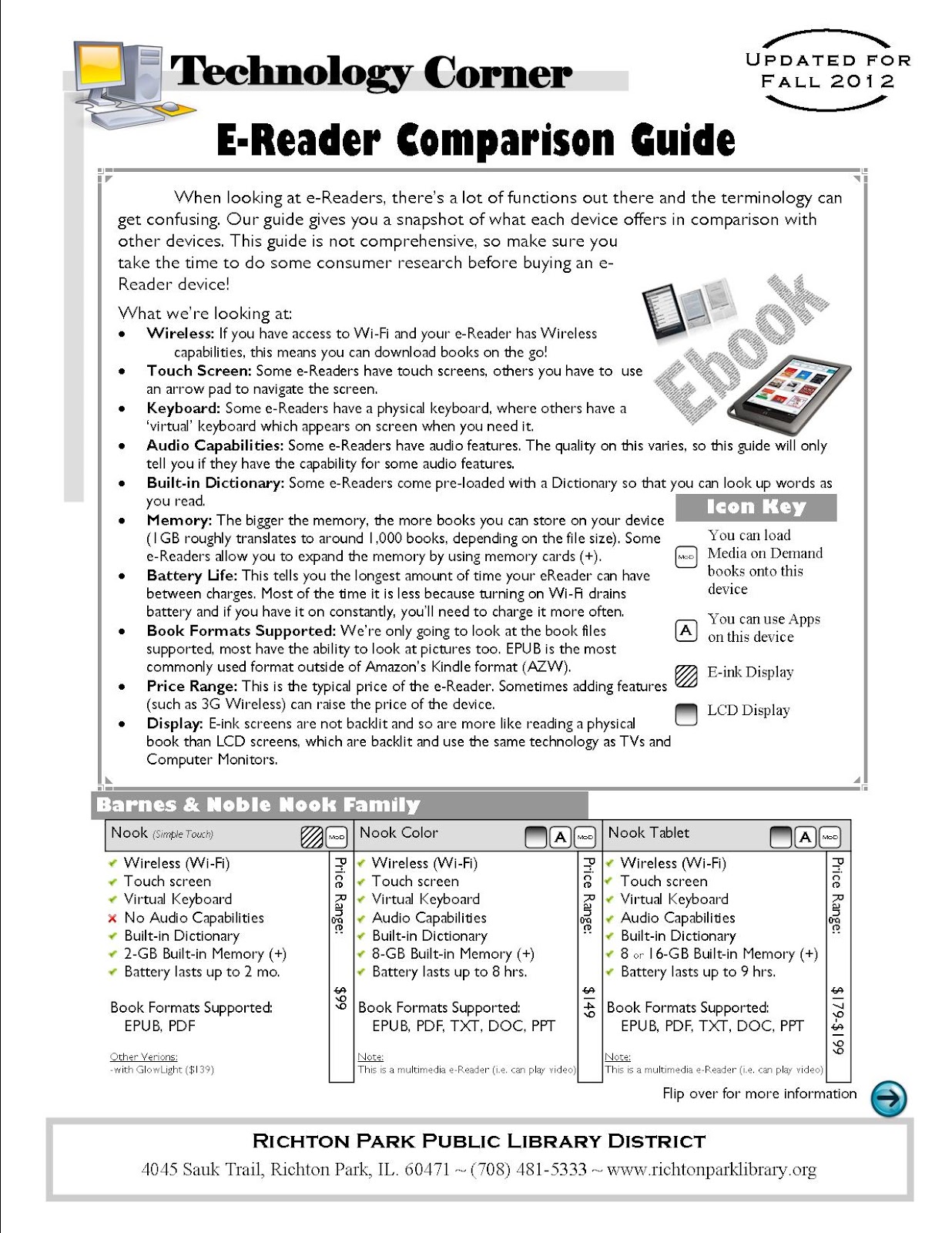 Richton Park Library Tech Blog eReader Comparison Chart Fall 2012