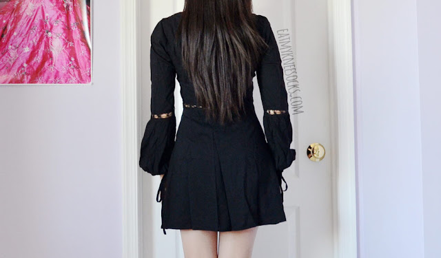 SheIn Fashion Review: Black Crochet Dress Details on the boho-chic flowy black crochet cutout flared dress from SheIn, a dupe of the Penelope mini dress by For Love and Lemons.