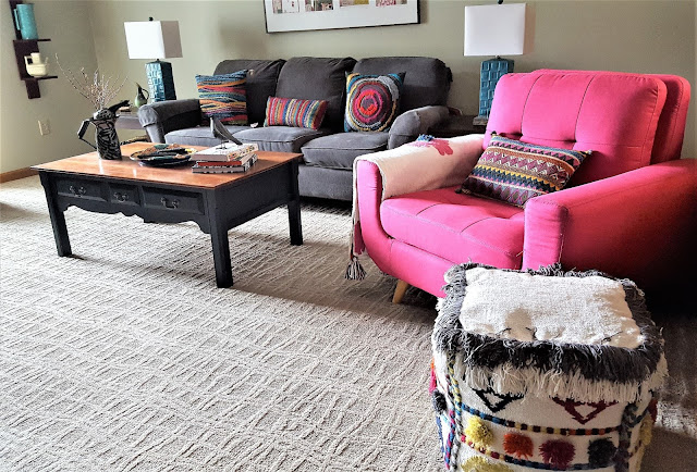 My living room creep toward midcentury-modern boho chic - magenta chair 3 www.BoHoHome.com @bohosusan