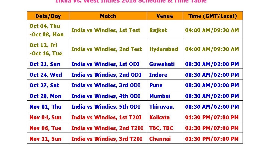 Learn New Things: India Vs. West Indies 2018 Schedule & Time Table Learn New Things: India Vs. West Indies 2018 Schedule & Time Table