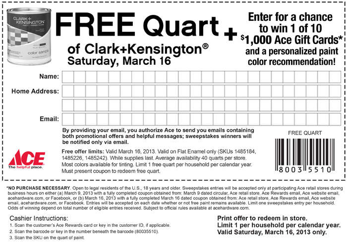 Free Is My Life Coupon Free Quart Of Paint On 3 16 For Ace