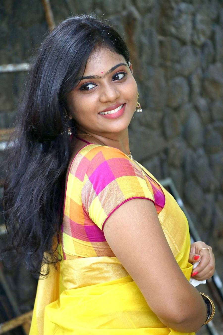 Beautiful Tamil Girl Megana In Traditional Indian Yellow Saree