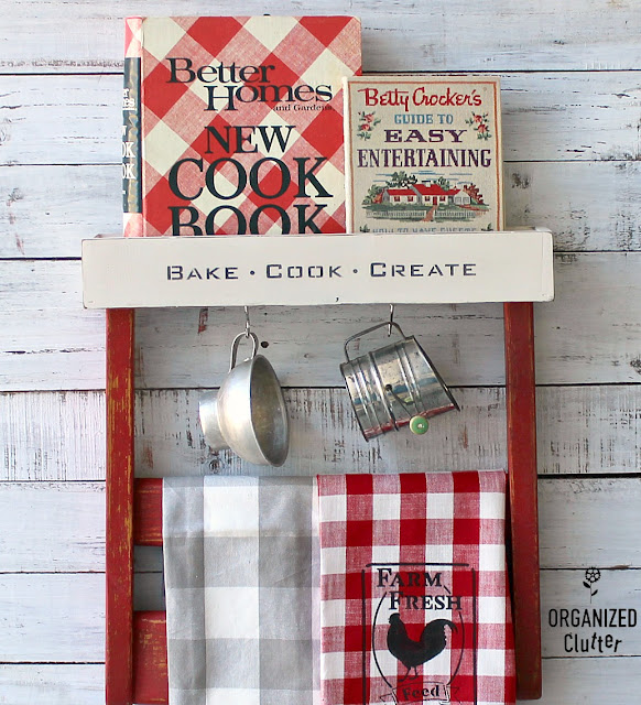 Chair Back Repurposed As Farmhouse Kitchen Decor #chairback #repurpose #repurposed #upcycle #homesteadhousemilkpaint #farmhousekitchen #farmhousestyle #cookbookdisplay #oldsignstencils