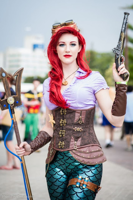 steampunk ariel little mermaid disney cosplay costume tail gun trident goggles red hair 