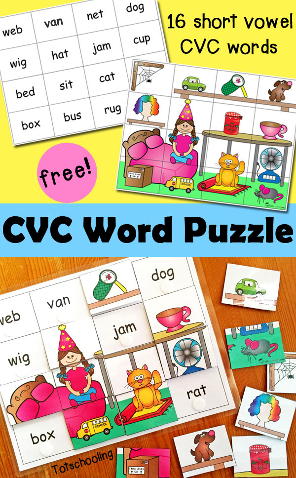 FREE CVC word puzzle that includes 16 short vowel CVC words. Great for beginning readers and kindergarten kids!