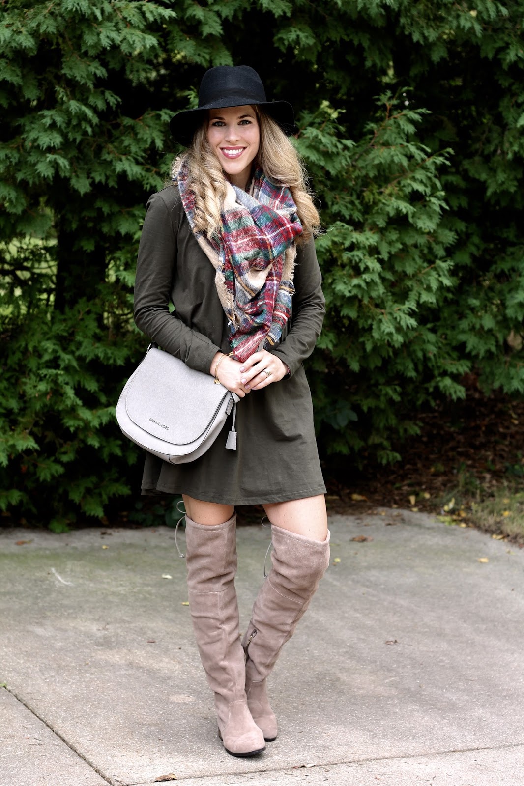 olive dress, OTK boots, blanket scarf, Michael Kors grey saddlebag, black wide brim felt hat