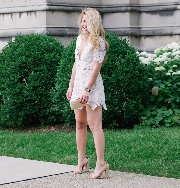 white lace romper and steve madden carrson sandals