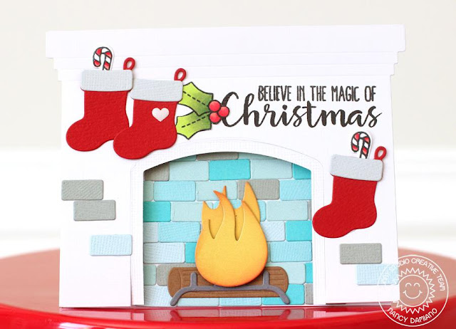 Sunny Studio Stamps: Fireplace Shaped Die Holiday Mantle Scene Card by Nancy Damiano