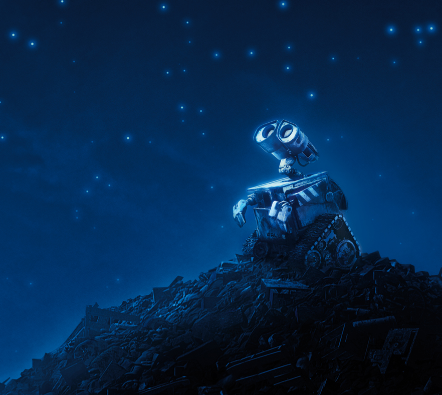 WALL-E looking into the night sky animatedfilmreviews.filminspector.com