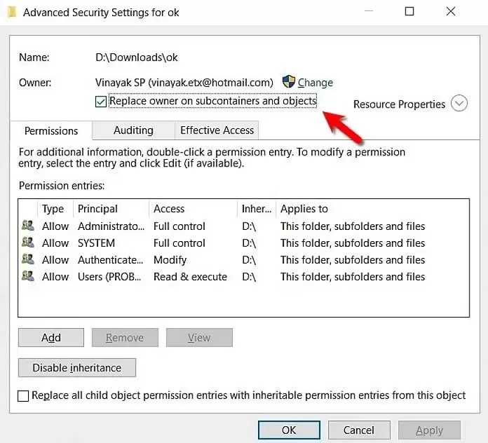 Replace owner on subcontainers and objects