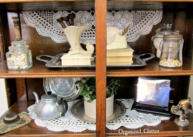 Vintage, Neutral Vignettes for the China Cabinet www.organizedclutterqueen.blogspot.com