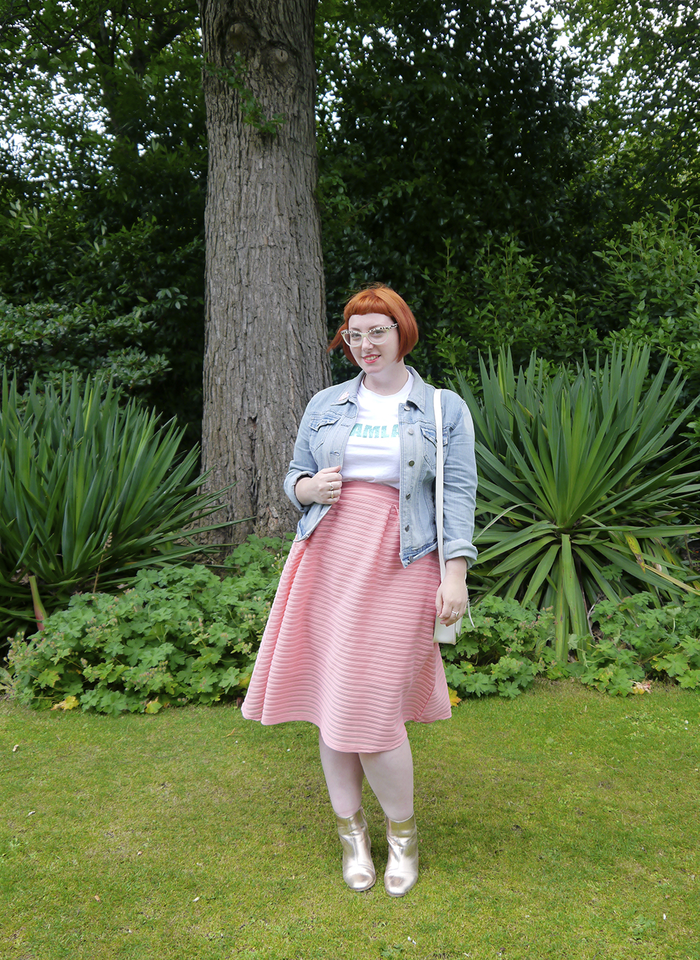 Styled by Helen: Candy Colours Scottish blogger wears Dreamland glitter tshirt, denim jacket, peach skirt and gold boots