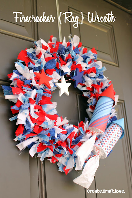 Firecracker Rag Wreath via createcraftlove.com #wreath #fourthofjuly