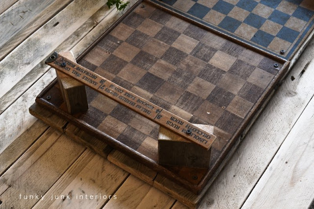 Funky checkerboard tray with vintage yardstick handles, via FunkyJunkInteriors.net