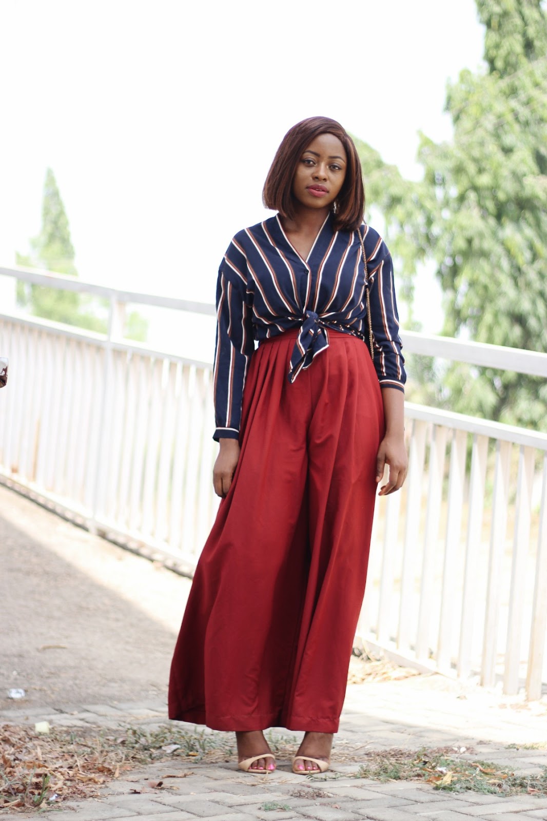 palazzo trousers, burgundy, maroon, striped top, navy blue, wide leg trousers 