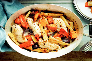 Quick One-pan Chicken Roast Recipe: Classic one-pot Sunday roast of chicken breasts cooked with sweet potatoes, parsnips, bell peppers and onions