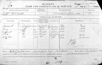 Thomas Elstob's claim for a Master's certifcate of service showing service on the Frederick, May, Sarah and Wm Lees all from Sunderland between 1821 and 1850, the date of the document.