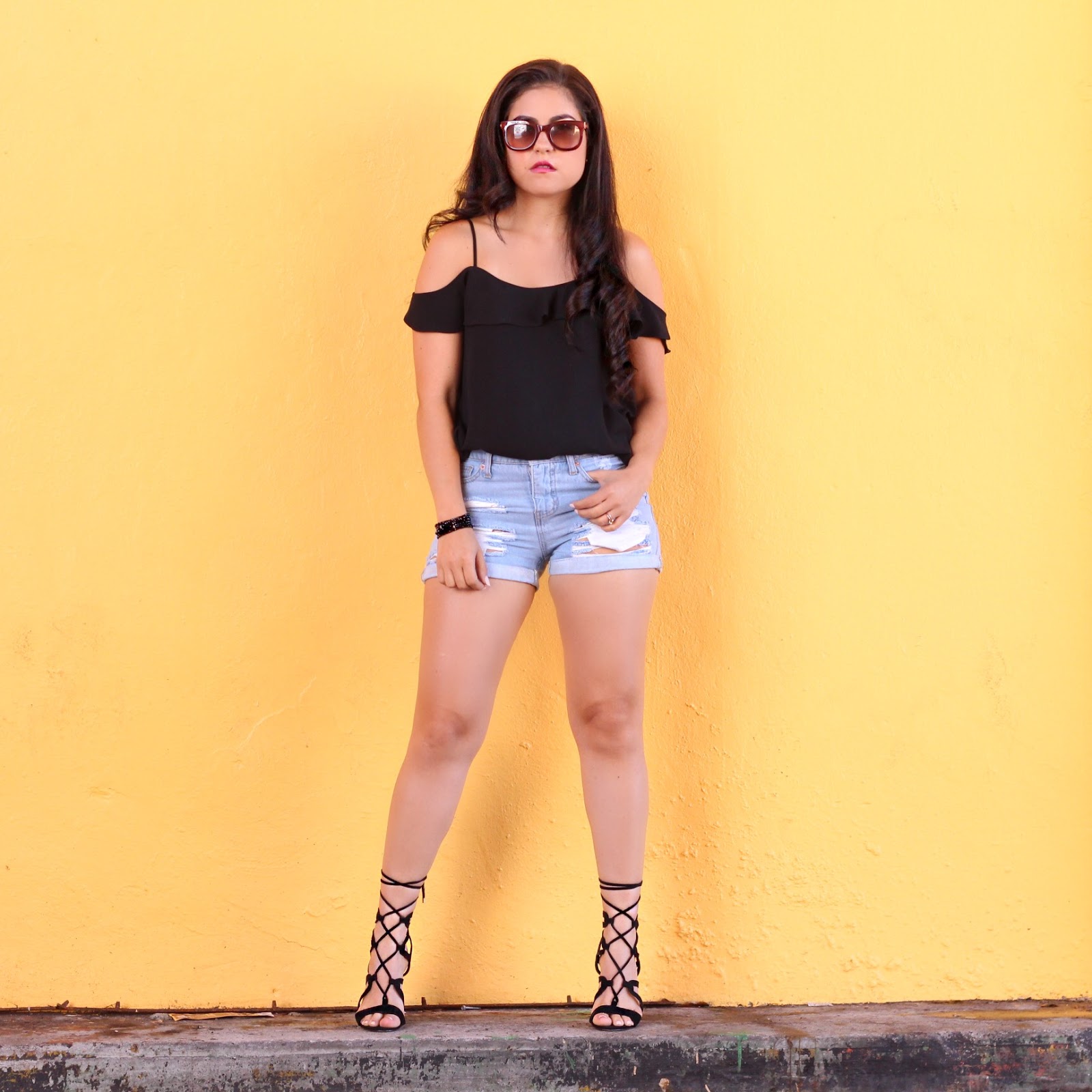 Chic by V: High Waisted Denim Shorts and Lace Up Heels