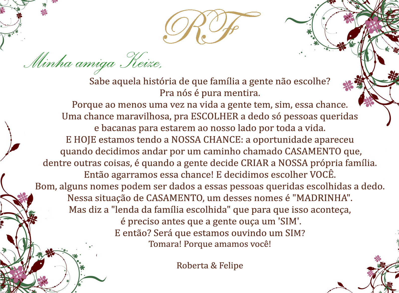Felipe e Roberta: Convite dos Padrinhos