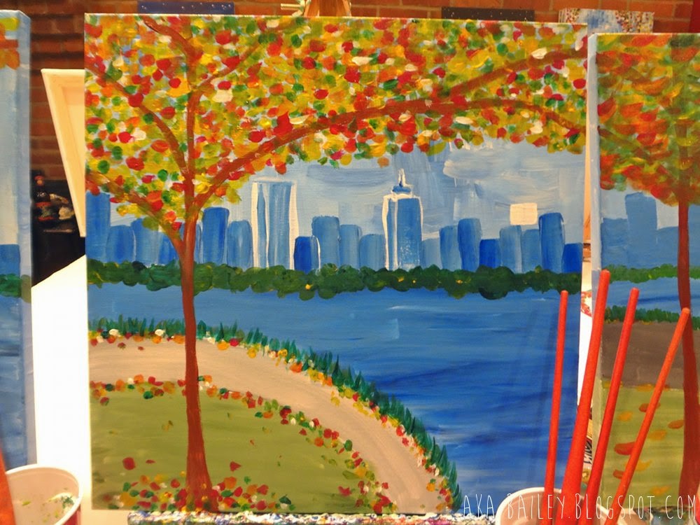 Autumnal tree scene next to the Charles River, Boston, painting