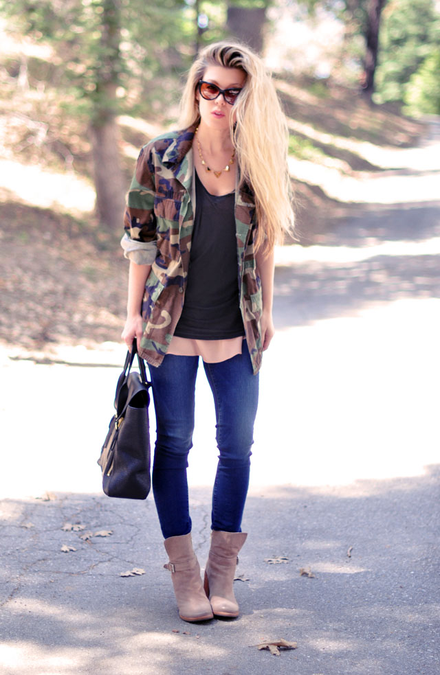 casual outfit, jeans and camo army jacket