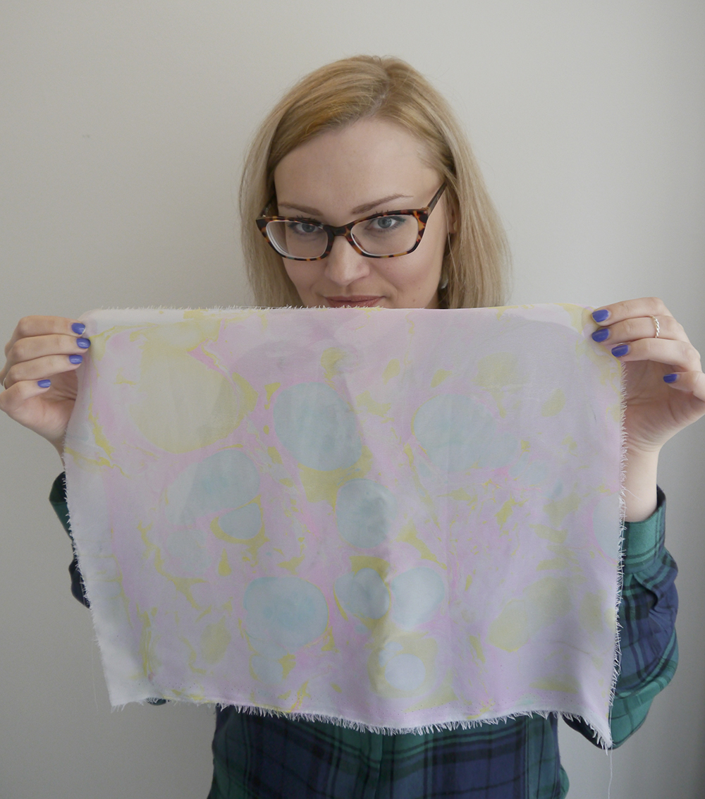 Kimberley with her test fabric from silk marbling workshop Edinburgh Mischke Lingerie, Hill Street Deisgn House, silk marbling technique, silk marbling workshop, lingerie making workshop, Edinburgh events, craft blog, how to