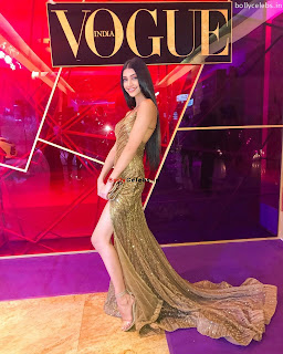 Alanna Panday at VOGUE Party wearing a Leg Slit Golden Gown by Manish Malra (3) bollycelebs.in Exclusive Pics
