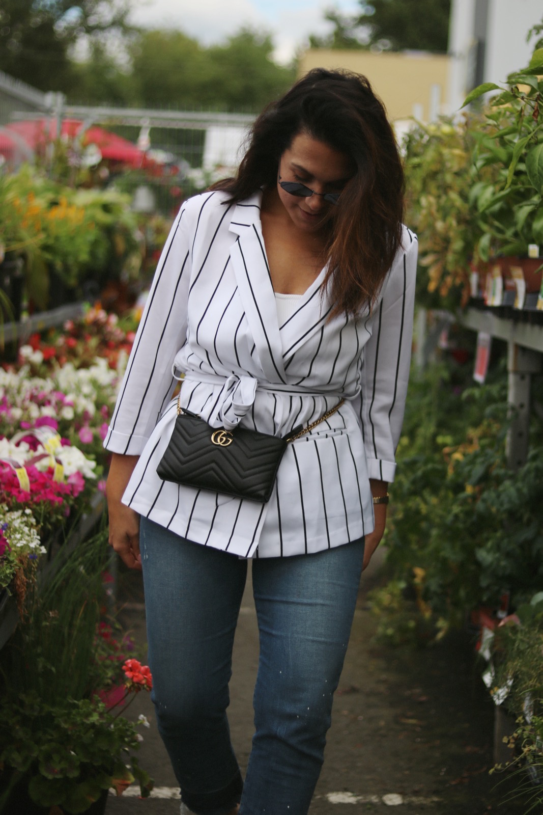 striped blazer outfit le chateau vancouver fashion blogger gucci marmont bag