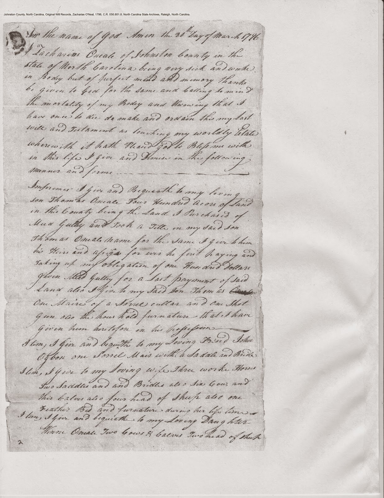 Zachariah O'Neal's will, Johnston Co., NC, 1796, p. 1