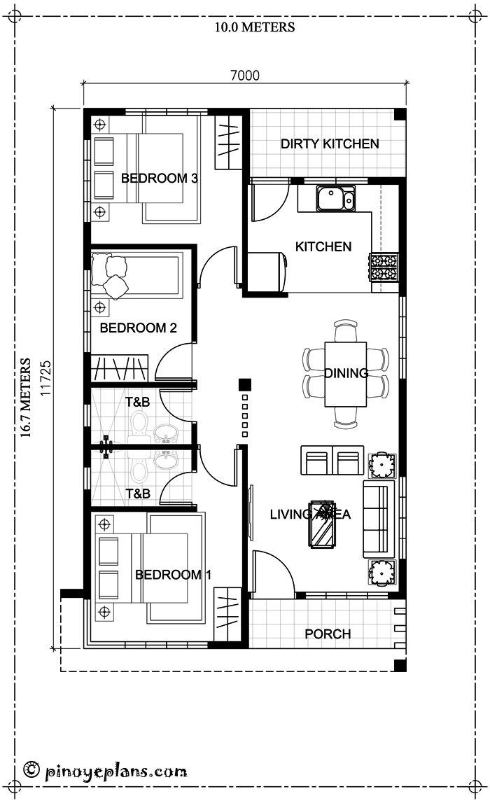 3 BEDROOM HOUSE PLAN WITH TOTAL FLOOR AREA OF 80 SQUARE