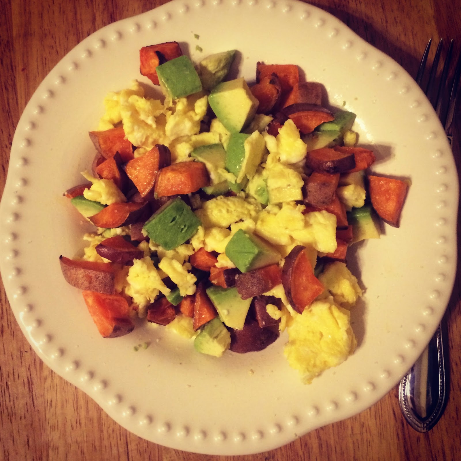Little Cook in the Big City Roasted Sweet Potato, Cubed Avocado, and Scrambled Eggs
