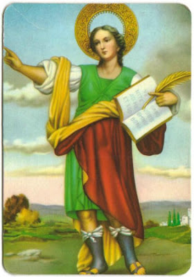 San Pancracio con palma de martirio y libro y brazo derecho en alto con el indice extendido