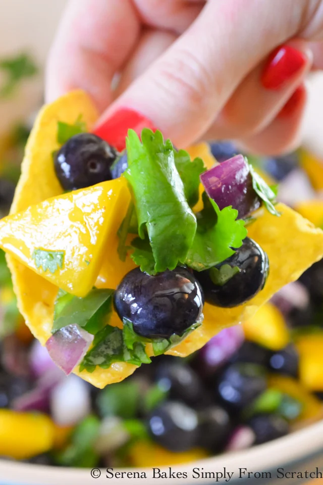 Blueberry Mango Salsa is delicious on chips, served with fish or shimp tacos, or as a condiment.