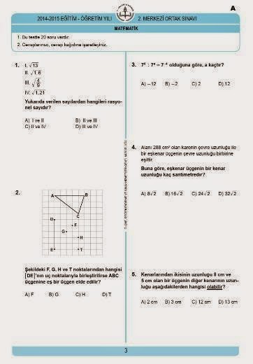 2015 TEOG 2.Dönem Matematik Soru ve Cevapları