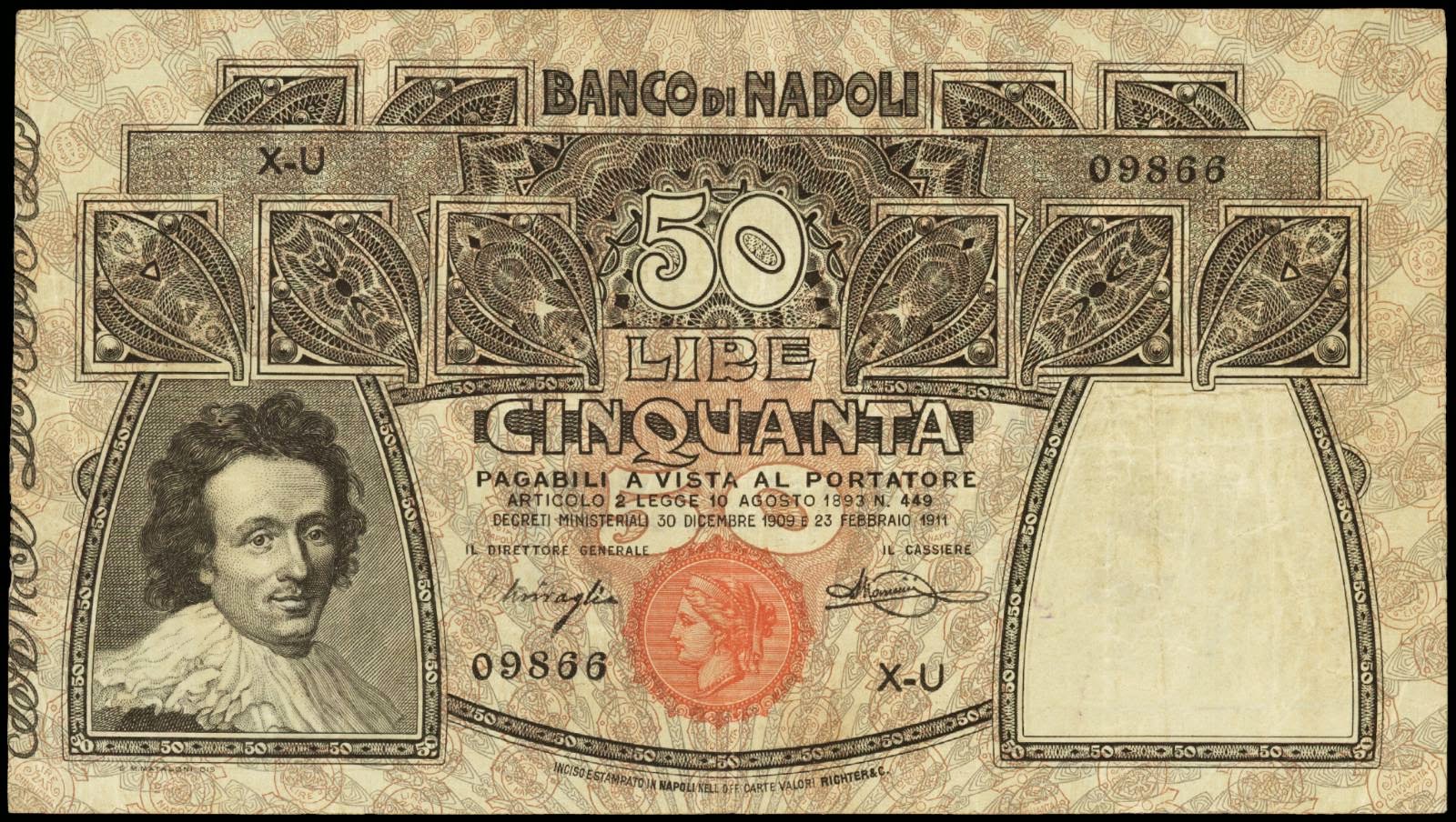 Italy 50 Lire banknote 1911 Banco di Napoli, Salvator Rosa