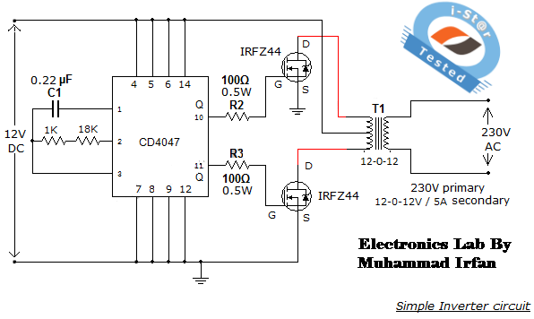 Simple low power Inverter Circuit (12V DC to 230V or 110V AC