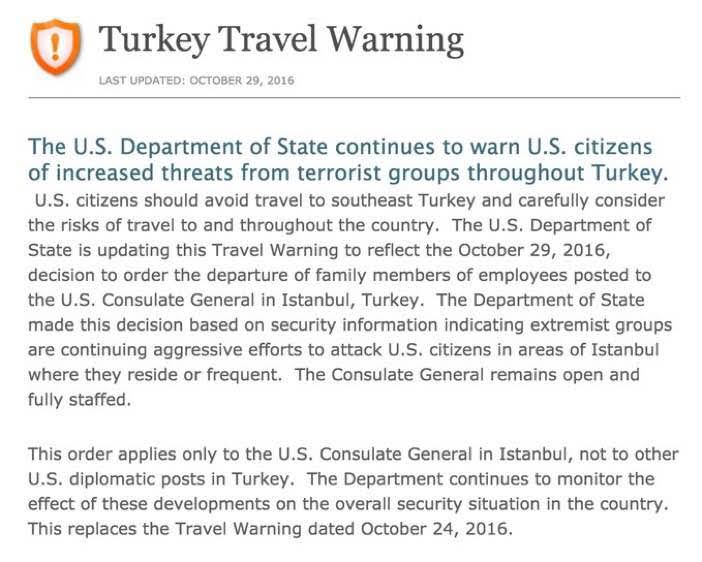 US warns its citizens to avoid traveling to Turkey, orders departure of