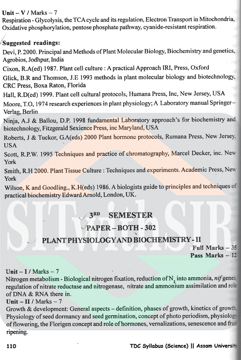 Botany Honours Syllabus for 3rd semester of Assam University Silchar