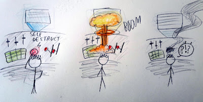 A man at a control console presses a self-destruct button. The button explodes in an orange mushroom cloud. The man is very confused, while smoke comes from the burn mark where the button used to be.