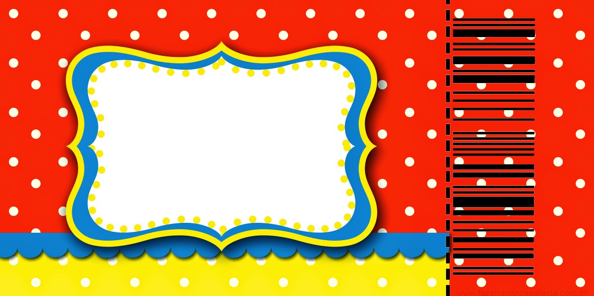 Rojo, Amarillo y Lunares Blancos: Invitaciones para Imprimir Gratis. Tarjeta con forma de Ticket de Rojo, Amarillo y Lunares Blancos.