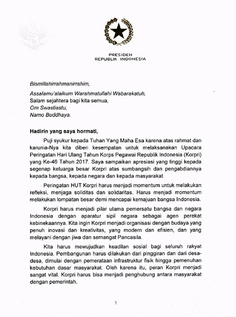 Sambutan Tertulis Presiden RI Pada HUT Ke-46 KORPRI Tahun 2017