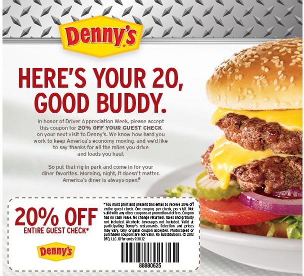 Brina's Bargains Denny's Printable Coupon 20 of entire guest check!