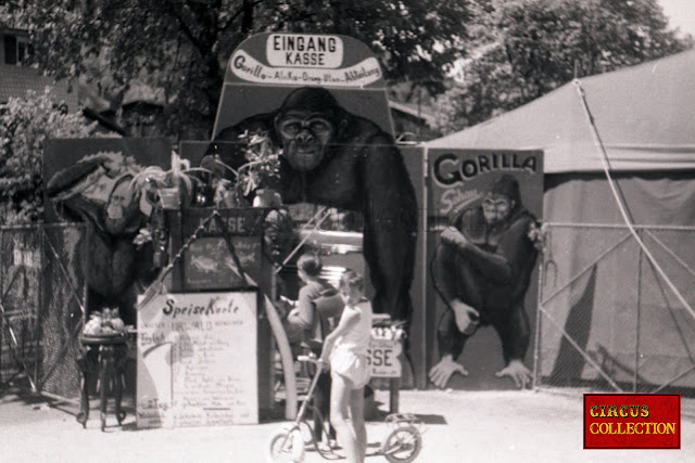 Façade d'entrée de la ménagerie du Cirque Franz Althoff 1967 représentant un gorille et un orang-outan