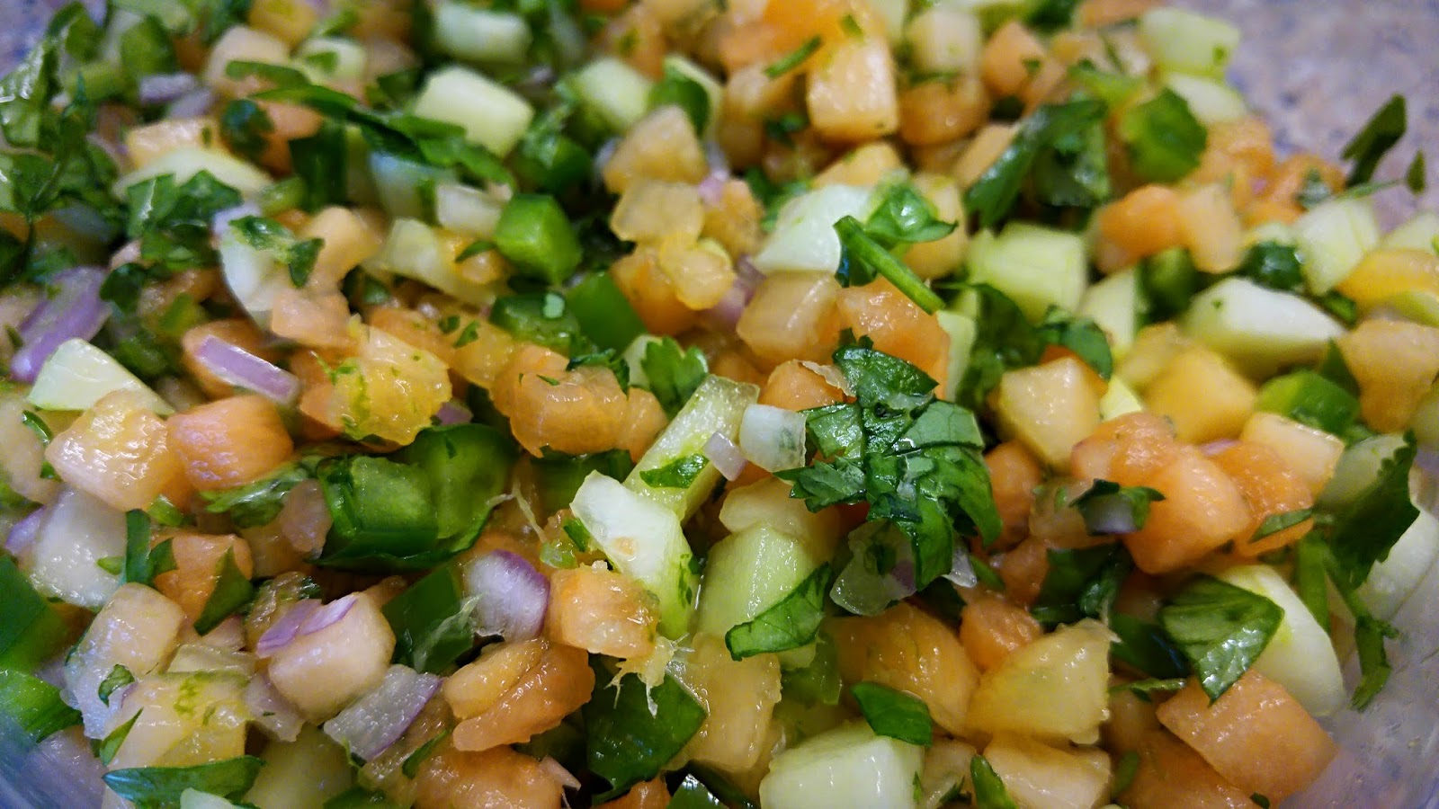 First you take an onion... Melon and Cucumber Salsa