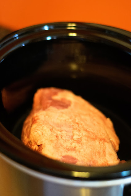 The corned beef brisket in the crock pot. 
