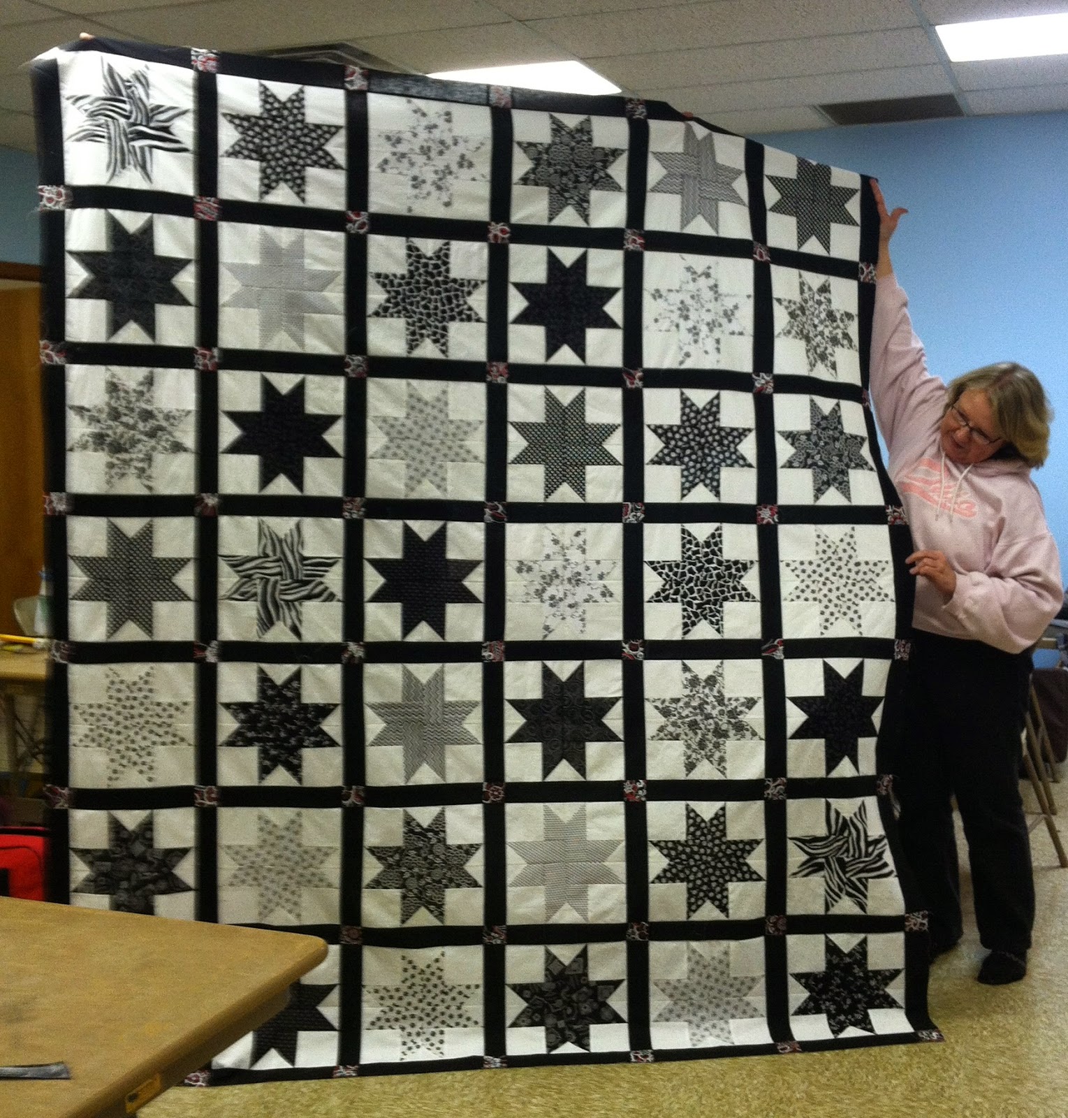 Scrappy Star Quilt, Black and White Quilt, Sashing and Cornerstones