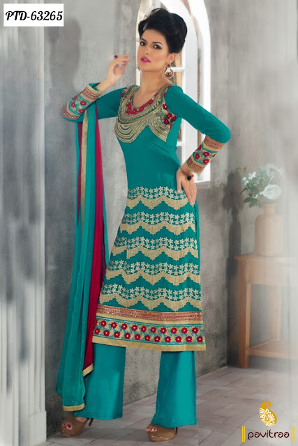 Buy Turquoise Color Heavy Designer Wedding Wear Pakistani Palazzo Salwar Kameez and Dresses Online Shopping with Discount Sale Offer Deal at pavitraa.in